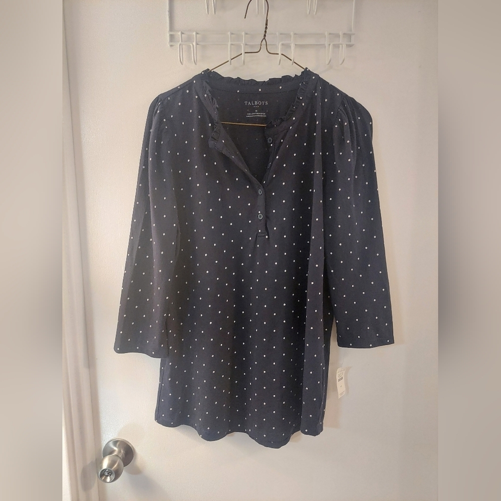 Talbots Dark Blue Blouse with White Dots